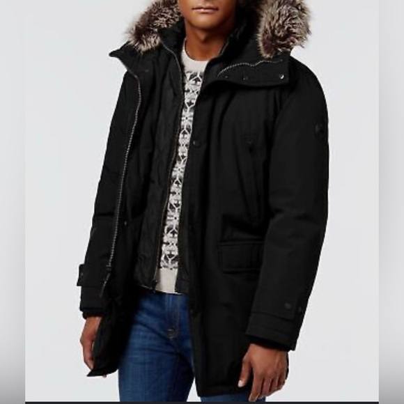 Michael Kors Men's‎ Hooded Snorkel Coat Removable Faux Fur Black Warm Large EUC - Picture 1 of 16